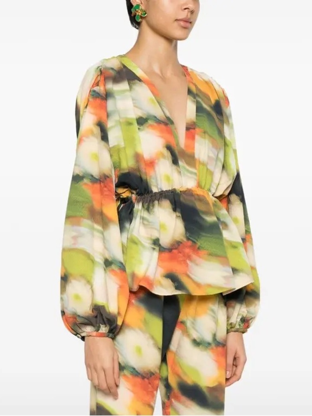 STINE GOYA Toni Abstract Lantern Sleeve Blouse Flowers in Fast Motion Medium NEW